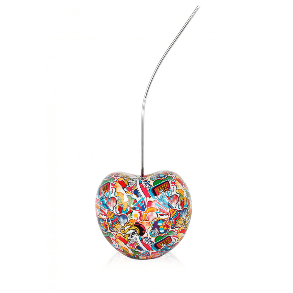 Designer Skulptur aus Kunstharz – Pop Art Meisterwerk in lebendigen Farben, gezeigt als niedriger Apfel mit einzigartigem und lebhaftem Muster.