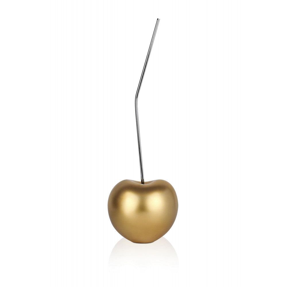 Goldene Kirsche: Pop Art-Skulptur aus Kunstharz im Metalleffekt, elegant positioniert.
