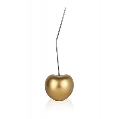 Goldene Kirsche: Pop Art-Skulptur aus Kunstharz im Metalleffekt, elegant positioniert.