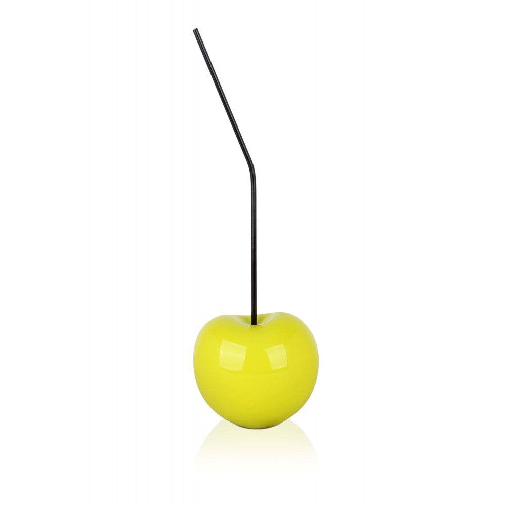 Charmante Pop Art Skulptur: Kleine Gelbe Kirsche aus lackiertem Harz mit einem schwarzen Strohhalm, ideal für moderne Wohnräume.