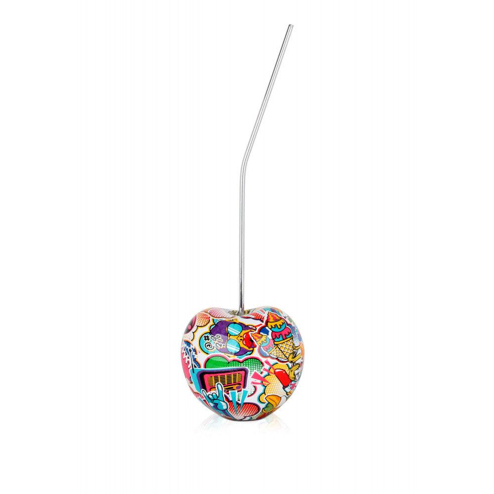 Bunte Kirsche – Auffällige Pop Art Skulptur aus Harz mit Wassertransferdekor, präsentiert in einem einzigartigen und lebendigen Stil mit einem langen Strohhalm.