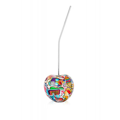 Bunte Kirsche – Auffällige Pop Art Skulptur aus Harz mit Wassertransferdekor, präsentiert in einem einzigartigen und lebendigen Stil mit einem langen Strohhalm.