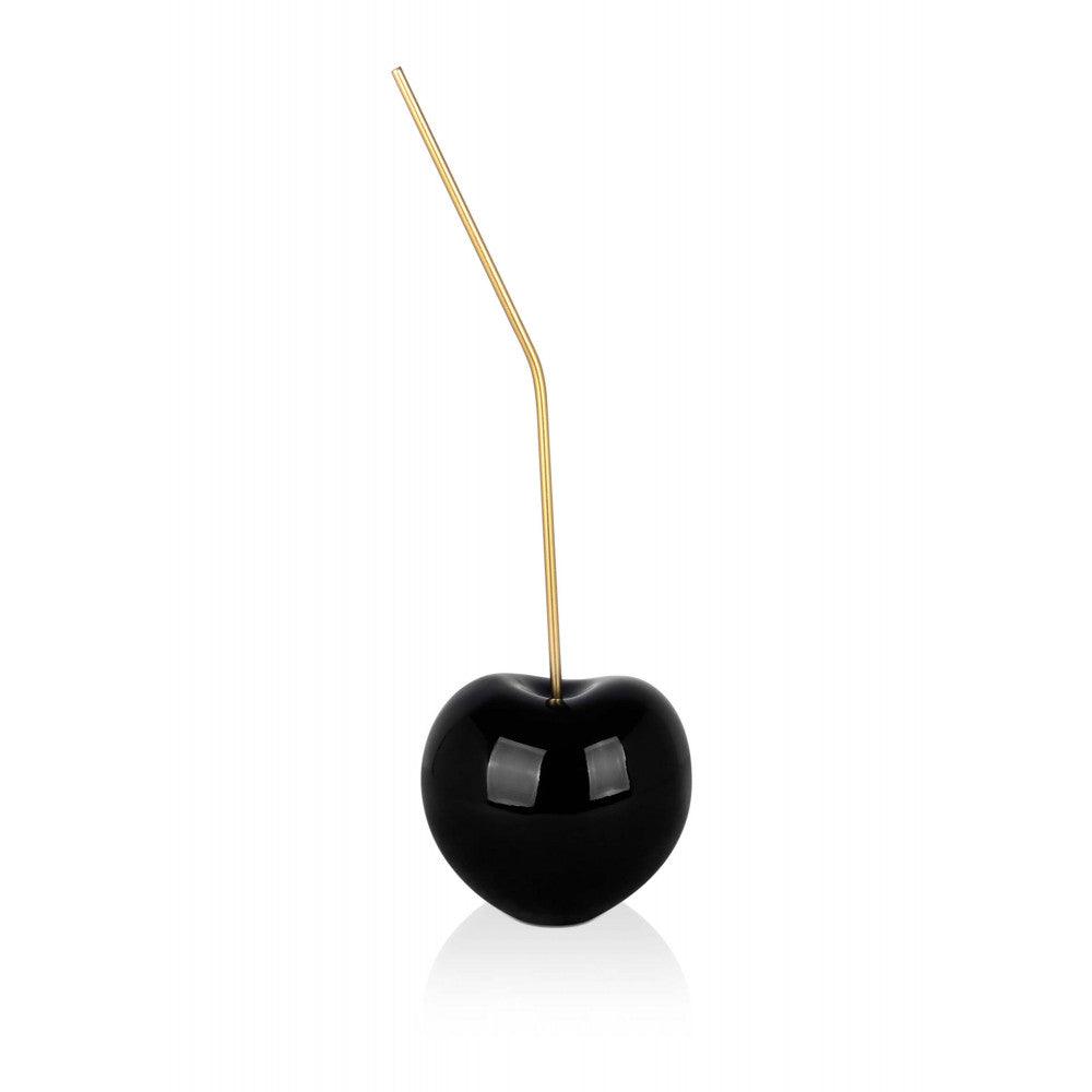 Schwarze Kirsche – Exquisite Pop Art Skulptur aus lackiertem Harz mit einem goldenem Trinkhalm.