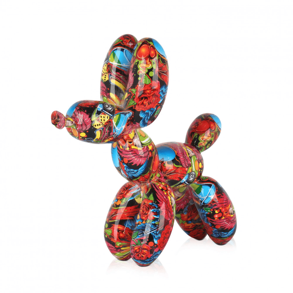 Vielseitiger, mehrfarbiger Ballonhund – Handgefertigte Pop Art Skulptur aus Harz, bunte Skulptur mit floralen Details.