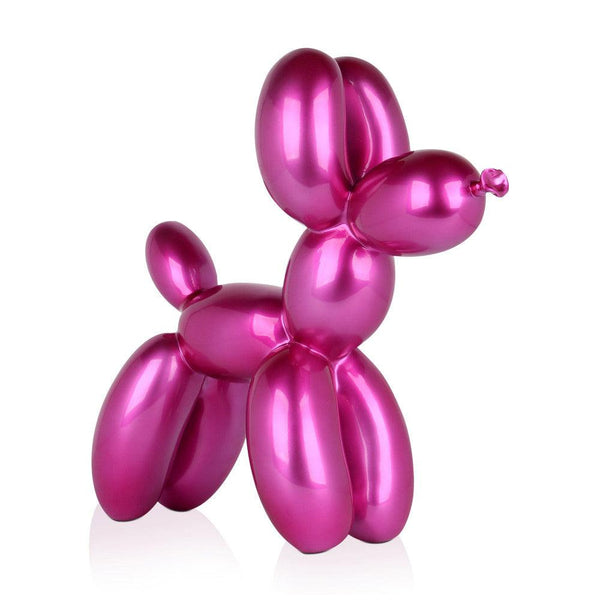 Kleiner fuchsiafarbener Ballon-Hund. 46 x 50 x 18 cm. Pop Art-Skulptur aus Kunstharz, Metalleffekt - Designerobjekte.com