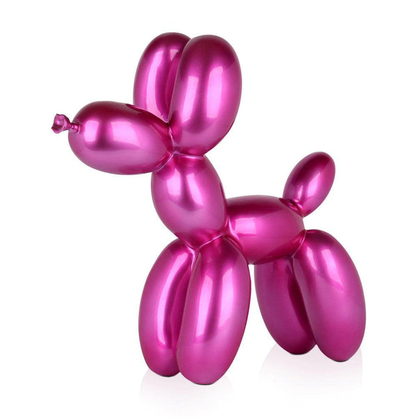 Kleiner fuchsiafarbener Ballon-Hund. 46 x 50 x 18 cm. Pop Art-Skulptur aus Kunstharz, Metalleffekt - Designerobjekte.com