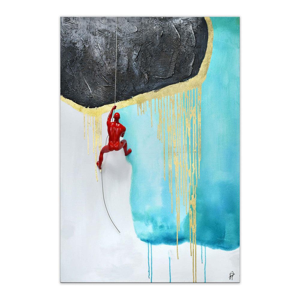 Kunstwerk 'Klettern auf Türkis' – modernes Skulptur-Gemälde mit Harz und handgemalter Leinwand, 120 x 80 cm. Red figure climbing with vibrant turquoise and golden elements.