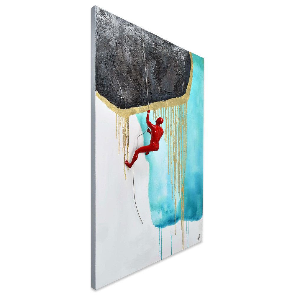 Seitenansicht des Kunstwerks 'Klettern auf Türkis' – modernes Skulptur-Gemälde mit Harz und handgemalter Leinwand, 120 x 80 cm, das dreidimensionale Effekte zeigt.