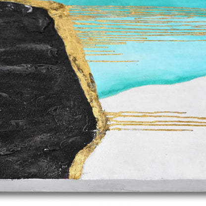 Detailansicht des Kunstwerks 'Klettern auf Türkis' – modernes Skulptur-Gemälde mit Harz und handgemalter Leinwand, 120 x 80 cm, mit besonderen Texturen in Gold und Schwarz.