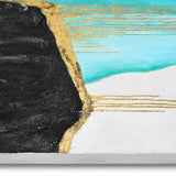 Klettern auf Türkis. 120 x 80 cm. Modernes Skulptur-Gemälde, handgemalt auf Leinwand, auf ästhetischen Rahmen gezogen und mit einer Skulptur aus Harz kombiniert - Designerobjekte.com