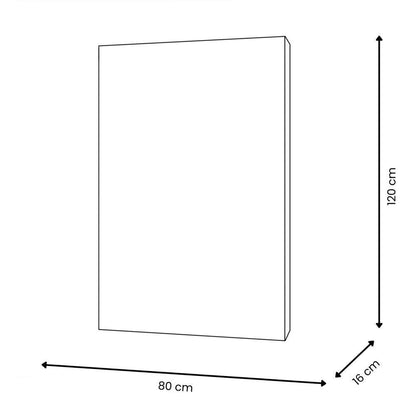 Maßzeichnung des Kunstwerkes 'Klettern auf Türkis', modernes Skulptur-Gemälde mit den Abmessungen 120 x 80 cm und einer Tiefe von 16 cm, ideal für die Präsentation in Wohnräumen oder Galerien.