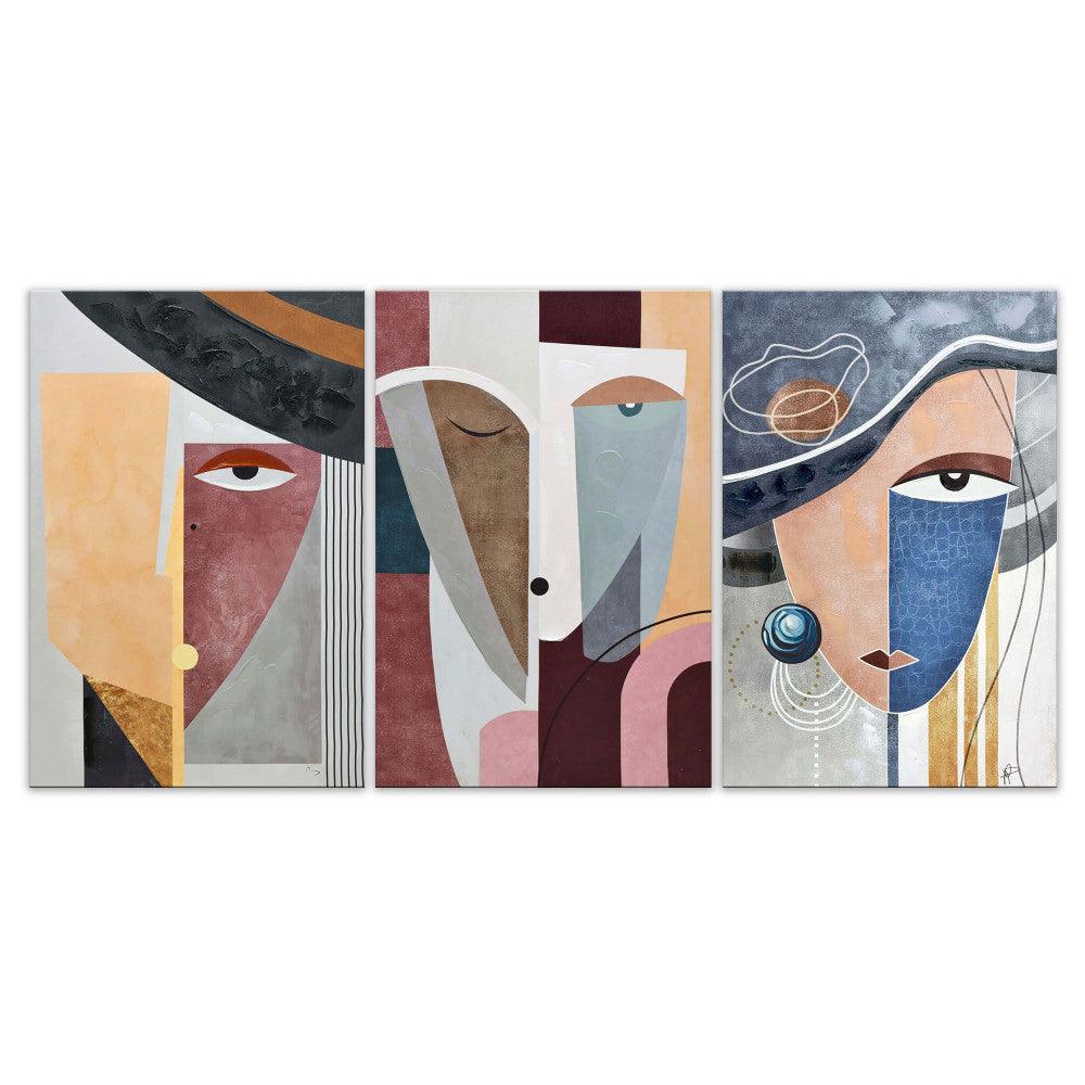 Abstrakte Gesichter: Mehrfarbige Komposition auf handretuschierter Leinwand (90 x 180 cm) – dreiteilige Leinwand mit modernen Gesichtern in lebhaften Farben und dynamischen Formen.