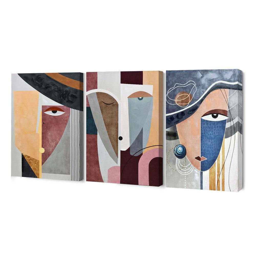 Abstrakte Gesichter: Mehrfarbige Komposition auf handretuschierter Leinwand (90 x 180 cm) – dreiteiliges Kunstwerk auf Leinwand, das elegante Gesichter in einzigartiger Farbkombination zeigt.