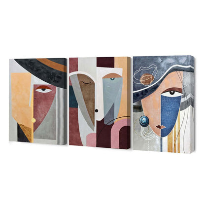 Abstrakte Gesichter: Mehrfarbige Komposition auf handretuschierter Leinwand (90 x 180 cm) – dreiteiliges Kunstwerk auf Leinwand, das elegante Gesichter in einzigartiger Farbkombination zeigt.