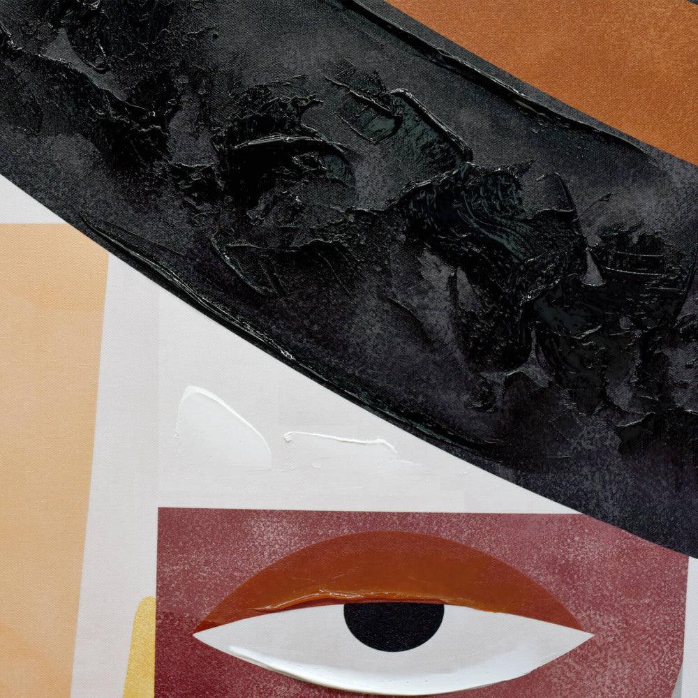 Abstrakte Gesichter: Mehrfarbige Komposition auf handretuschierter Leinwand (90 x 180 cm) – Detailaufnahme des oberen Bereichs eines Gesichts mit einzigartiger Textur und künstlerischen Elementen.