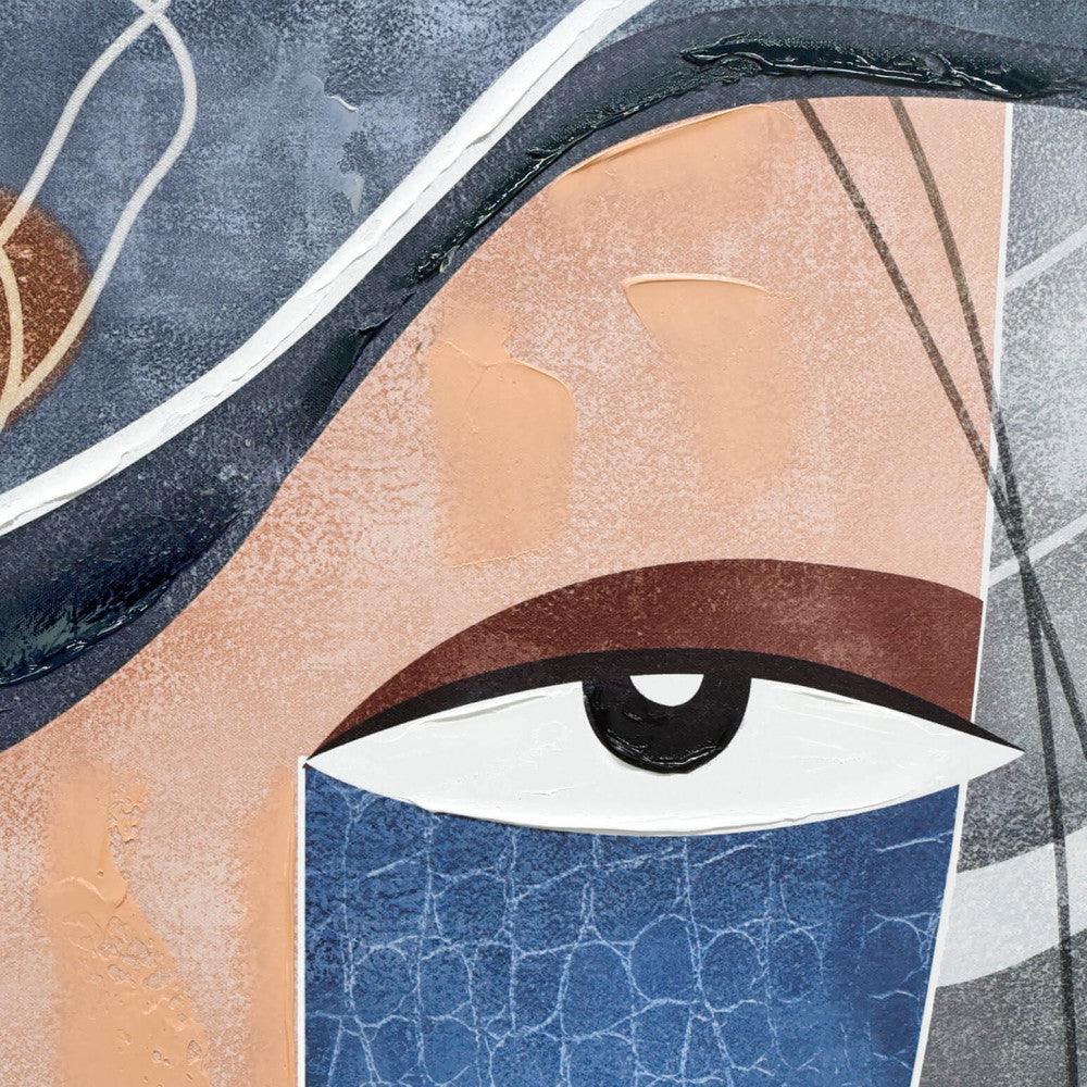 Abstrakte Gesichter: Mehrfarbige Komposition auf handretuschierter Leinwand (90 x 180 cm) – Nahaufnahme eines Gesichts, das kreative und moderne Designelemente zeigt.