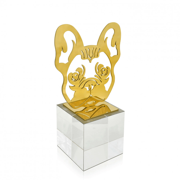 Kopf einer Französischen Bulldogge. Deko-Objekt aus Edelstahl mit Sockel aus Kristallglas - Designerobjekte.com