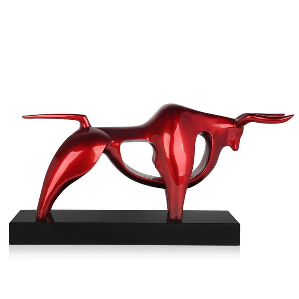 Kraftvoller roter Stier. 35 x 62 x 22 cm. Abstrakte Kunstharzskulptur. Metalleffekt-Finish und schwarzer Marmorsockel - Designerobjekte.com