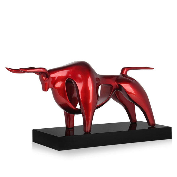 Kraftvoller roter Stier. 35 x 62 x 22 cm. Abstrakte Kunstharzskulptur. Metalleffekt-Finish und schwarzer Marmorsockel - Designerobjekte.com