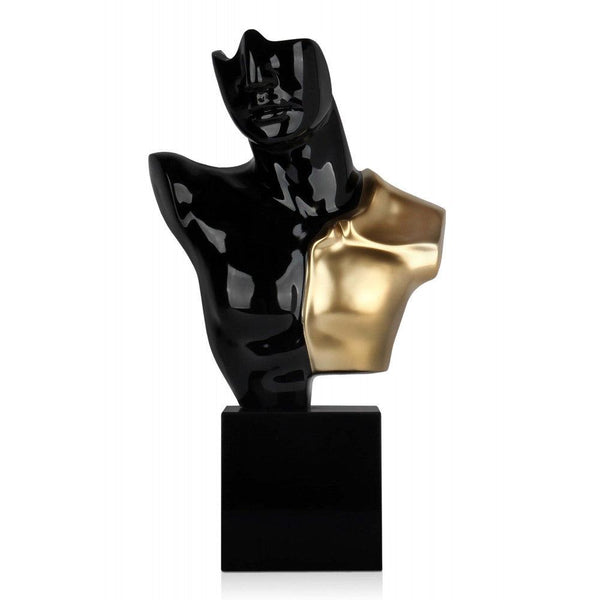 Krieger - Büste schwarz und gold. Moderne figurative Skulptur aus lackiertem Kunstharz und Kunstharz mit Metalleffekt mit Marmorsockel. 52 x 30 x 10 cm - Designerobjekte.com