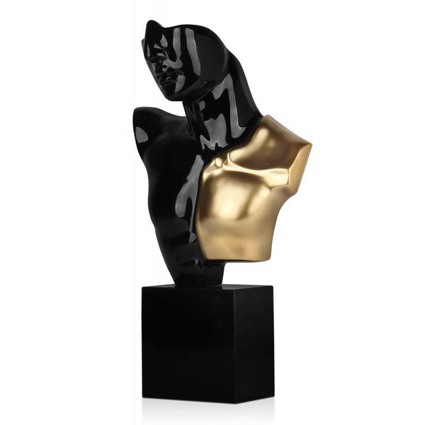 Krieger - Büste schwarz und gold. Moderne figurative Skulptur aus lackiertem Kunstharz und Kunstharz mit Metalleffekt mit Marmorsockel. 52 x 30 x 10 cm - Designerobjekte.com