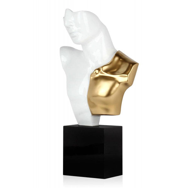 Krieger - Büste weiß und gold. 52 x 30 x 10 cm. Moderne figurative Skulptur aus lackiertem Kunstharz und Kunstharz mit Metalleffekt mit Marmorsockel. - Designerobjekte.com