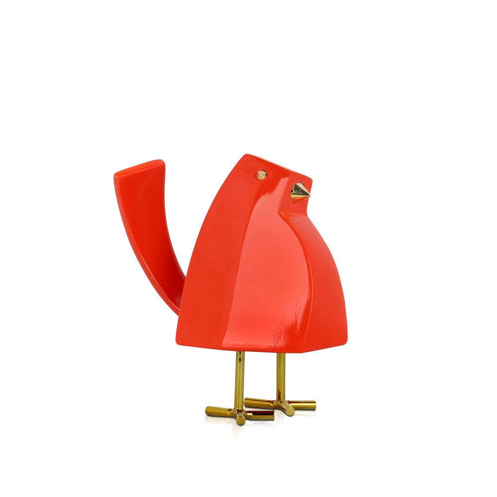 Moderne geometrische Kunstharzskulptur: Kleiner Vogel in leuchtendem Orange, von der Seite gezeigt, hebt die geometrischen Formen und das glänzende Finish hervor.