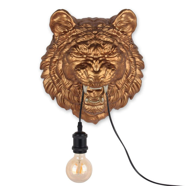 Lampe Tigerkopf bronze. Wandleuchte Klassische moderne figurative Skulptur aus Harz mit dekorierten champagnefarbenen Details - Designerobjekte.com