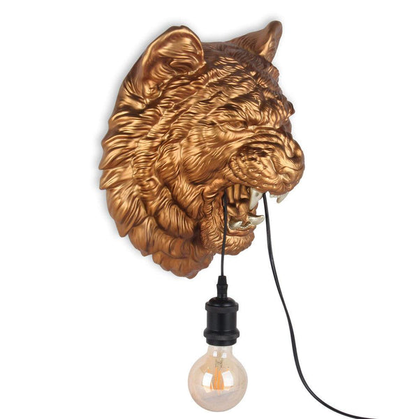 Lampe Tigerkopf bronze. Wandleuchte Klassische moderne figurative Skulptur aus Harz mit dekorierten champagnefarbenen Details - Designerobjekte.com