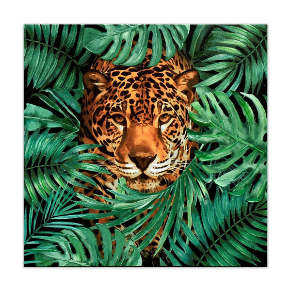 Leopard im Dschungel grün. Moderner Druck auf handretuschierter Leinwand mit Reliefdekorationen. 80 x 80 cm. - Designerobjekte.com