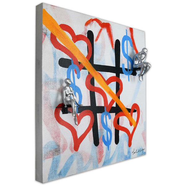 Liebe als tic tac toe Spiel. Modernes Skulptur-Gemälde, handgemalt auf Leinwand. 50 x 50 cm. - Designerobjekte.com