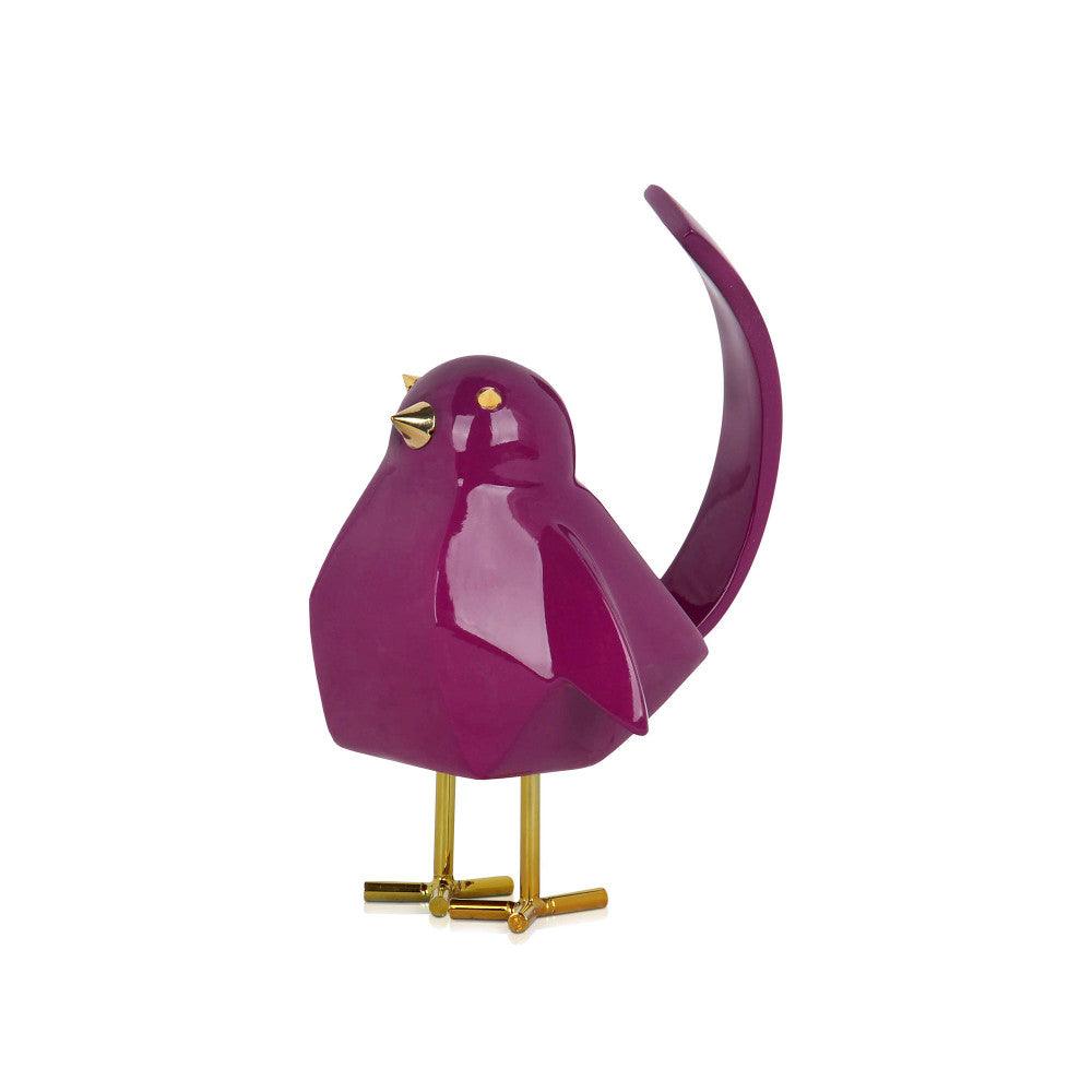 Moderne geometrische Vogel-Skulptur aus lilafarbenem Kunstharz mit goldenen Metalleinsätzen, seitliche Ansicht der Skulptur, ansprechend in jeder Dekoration
