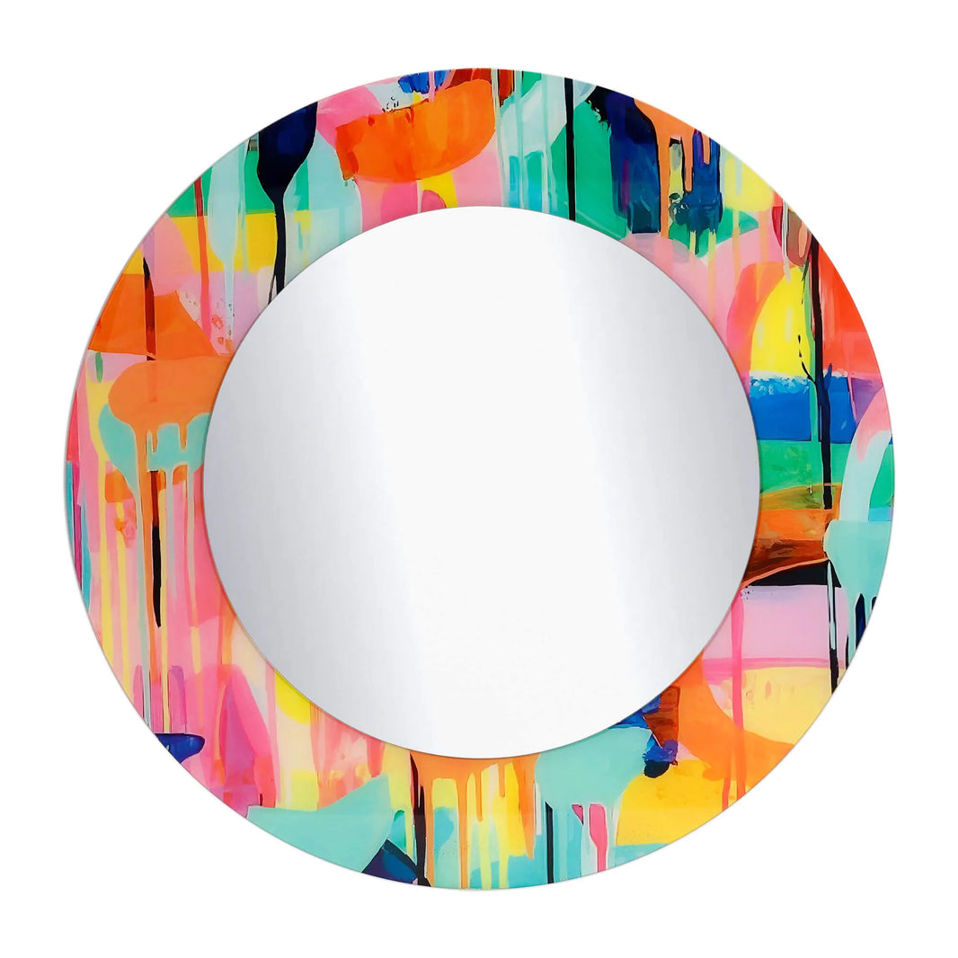 Moderner Abstrakter Design-Spiegel 80x80 cm – Mehrfarbig, poliertes Glas mit künstlerischem, farbenfrohem Rahmen.