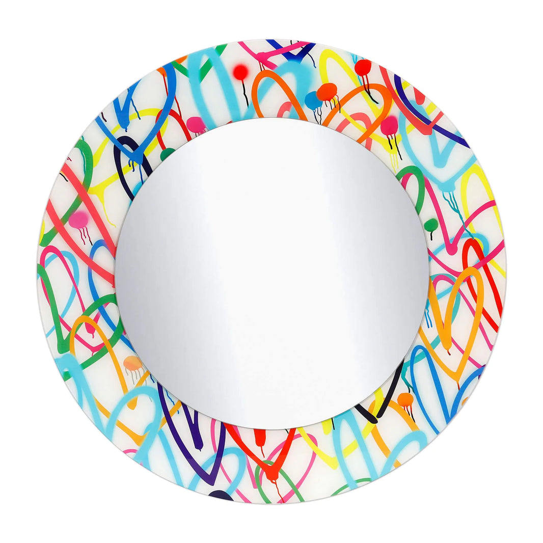 Moderner Bunter Herz Spiegel 80 x 80 cm – Poliert, Mit Zertifikat der Handwerkskunst, kunstvoll gestaltetes Spiegel-Design mit bunten Herzen.