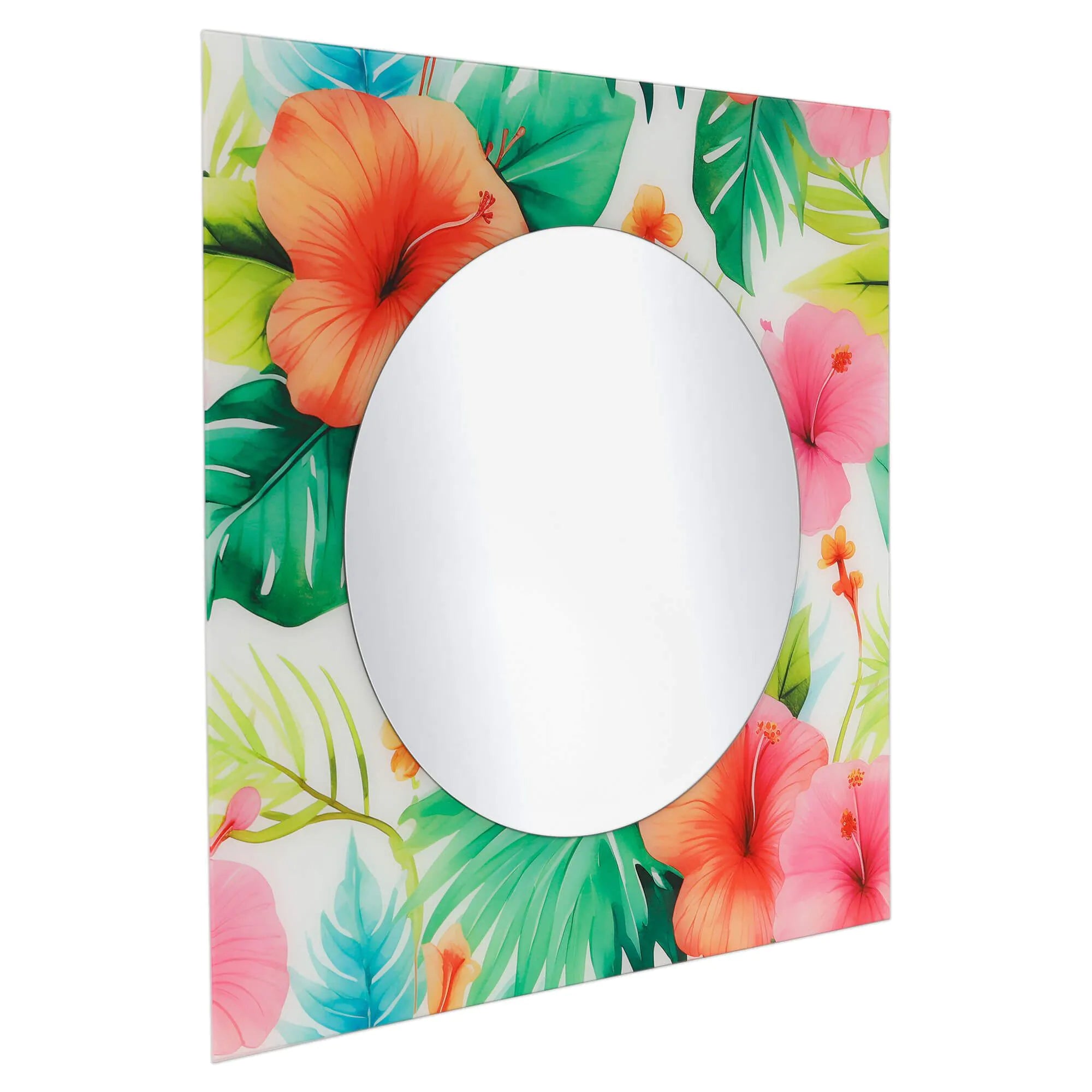 Moderner Design-Spiegel mit tropischen Blumenmotiven – 80x80 cm, Mehrfarbig, Polierter Finish. Seitliche Ansicht des Spiegels, die die kreativen Blumenmotive in voller Pracht zeigt.
