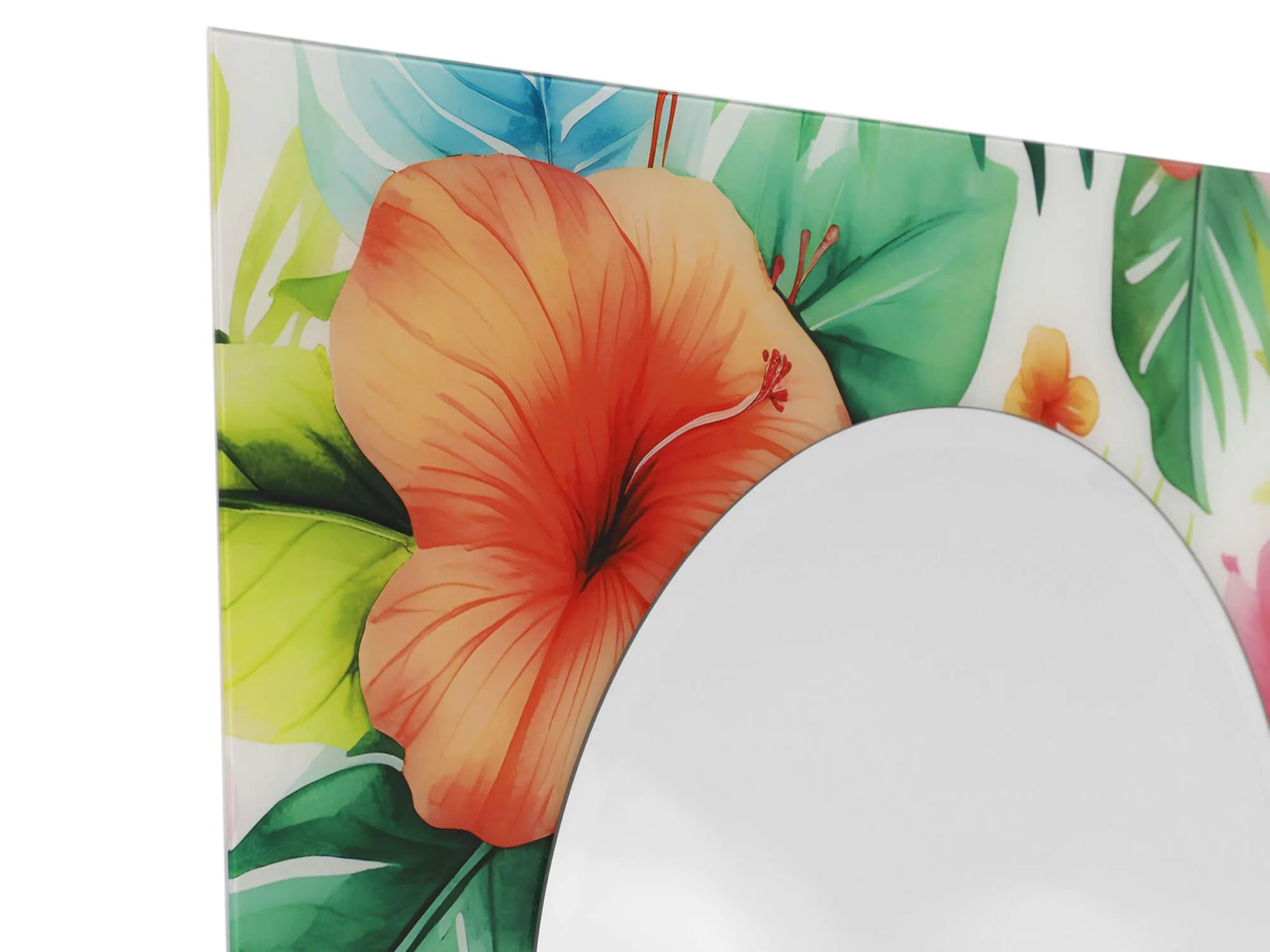 Moderner Design-Spiegel mit tropischen Blumenmotiven – 80x80 cm, Mehrfarbig, Polierter Finish. Detailansicht des Spiegelrahmens, der mit lebendigen Hibiskusblüten verziert ist.