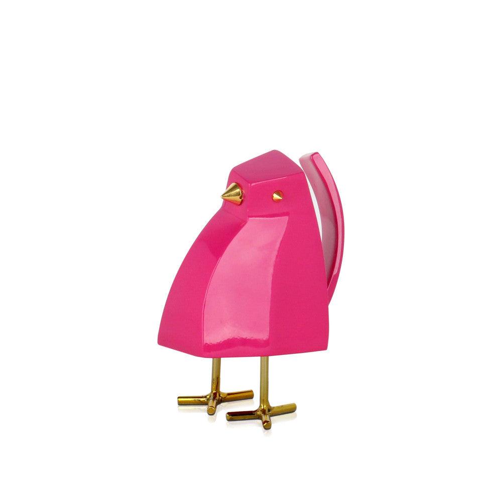 Magentafarbene geometrische Vogel-Skulptur aus lackiertem Harz, seitliche Ansicht, die die modernen geometrischen Formen und das glänzende Finish hervorhebt.