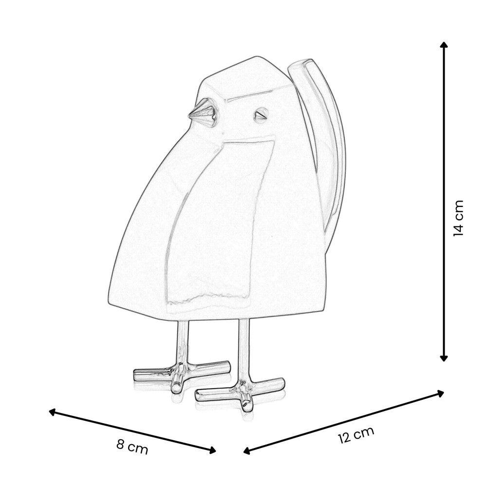 Maßzeichnungen der magentafarbenen geometrischen Vogel-Skulptur aus lackiertem Harz, 14 cm hoch, 8 cm breit und 12 cm tief.