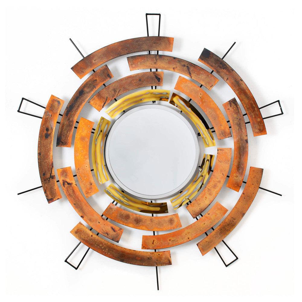 Magnetfluss: Handgefertigte Metallskulptur mit Spiegel, detailreiche Darstellung in warmen Farbtönen und innovativem Design für individuelle Raumgestaltung.