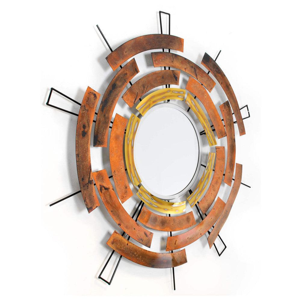Magnetfluss: Handgefertigte Metallskulptur mit Spiegel, Seitenansicht der skulpturalen Wandskulptur, die kunstvolle Metall- und Spiegelelemente vereint.
