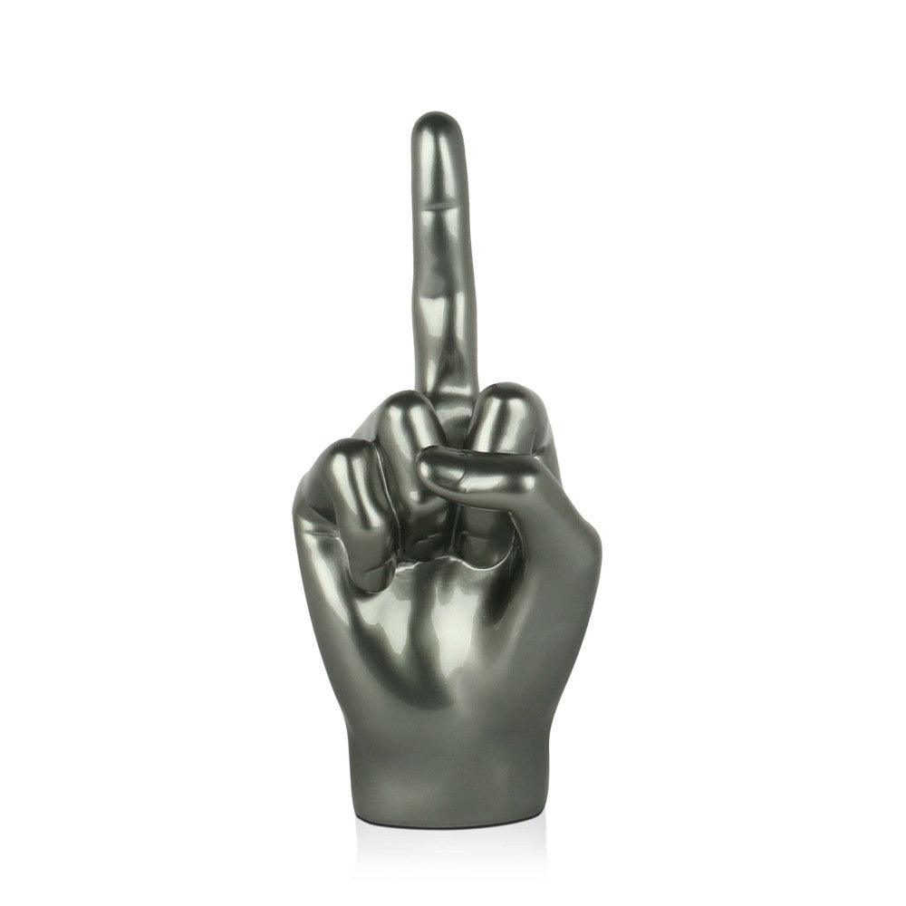 Moderne Skulptur 'Anthrazit Mittelfinger' – Handmodell mit Metalleffekt, aus Kunstharz gefertigt, ideal für zeitgenössische Dekoration.