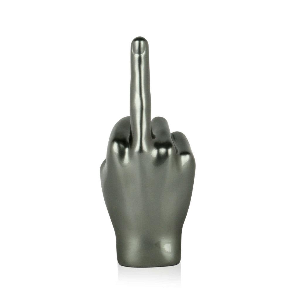 Rückansicht der modernen Skulptur 'Anthrazit Mittelfinger' – Avantgardistisches Kunstwerk aus Kunstharz, zeigt die kreative Gestaltung und den Metalleffekt.
