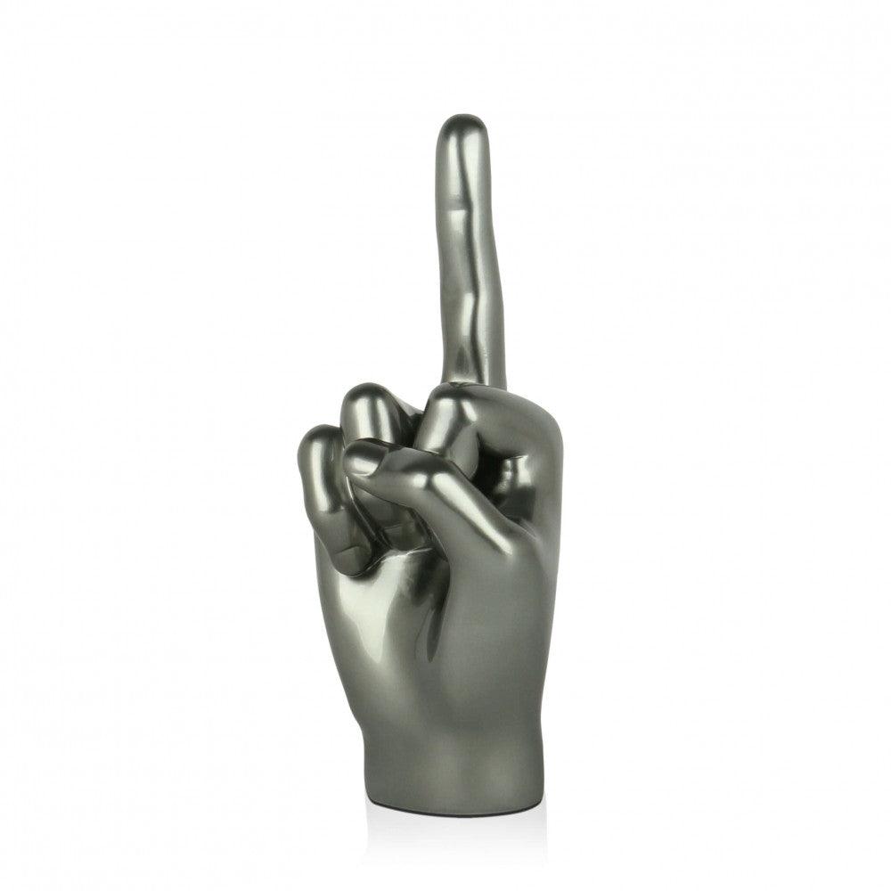Moderne Skulptur "Anthrazit Mittelfinger" aus Kunstharz mit Metalleffekt, die einen stilisierten, erhobenen Mittelfinger darstellt.