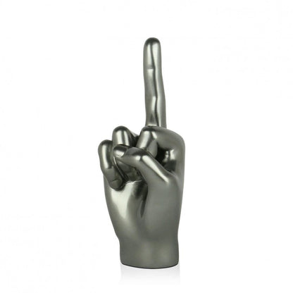 Moderne Skulptur "Anthrazit Mittelfinger" aus Kunstharz mit Metalleffekt, die einen stilisierten, erhobenen Mittelfinger darstellt.