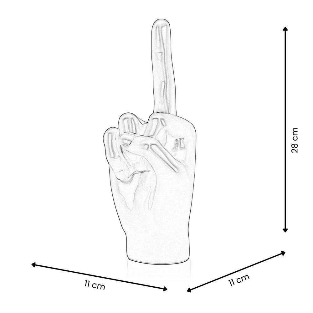 Maßstabzeichnung der modernen Skulptur "Anthrazit Mittelfinger", zeigt die kompakten Abmessungen von 28 x 11 x 11 cm.
