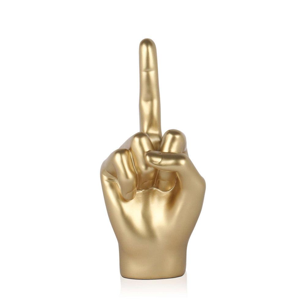 Moderne Mittelfinger Skulptur aus Harz mit Metalleffekt, goldene Hand mit aufgestrecktem Mittelfinger, 28 x 11 x 11 cm, einzigartiges Design für moderne Einrichtung.