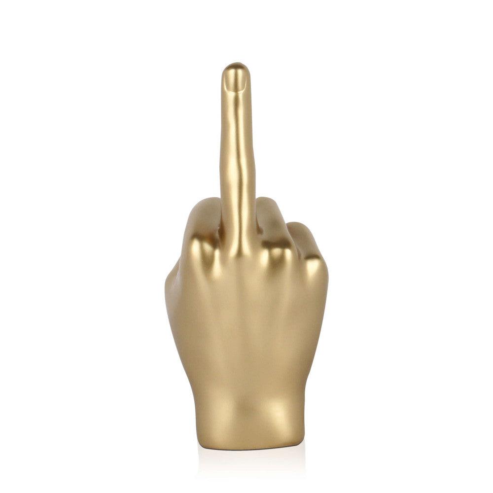 Moderne Mittelfinger Skulptur aus Harz mit Metalleffekt, detaillierte Ansicht der goldenen Hand, die den Mittelfinger zeigt, perfekte Ergänzung für zeitgenössische Dekoration.
