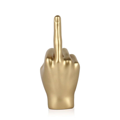 Moderne Mittelfinger Skulptur aus Harz mit Metalleffekt, detaillierte Ansicht der goldenen Hand, die den Mittelfinger zeigt, perfekte Ergänzung für zeitgenössische Dekoration.