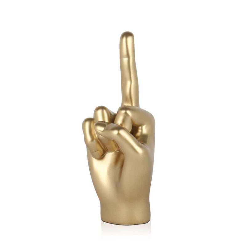 Mittelfinger gold. Moderne figurative Skulptur aus Harz, Metalleffekt. 28 x 11 x 11 cm - Designerobjekte.com