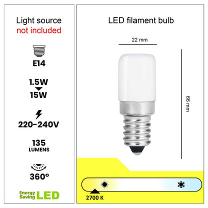 Nachttischlampe Matrix - Details zur LED-Filamentbirne, die für diese Lampe geeignet ist, ideal für energieeffizientes Licht.